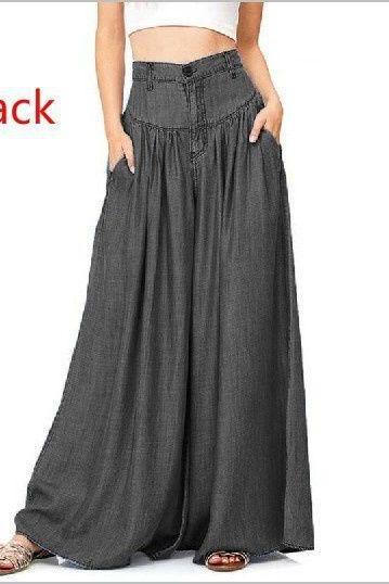 Women Wide Leg Pants High Waist Pockets Casual Loose Plus Size Long Trousers black