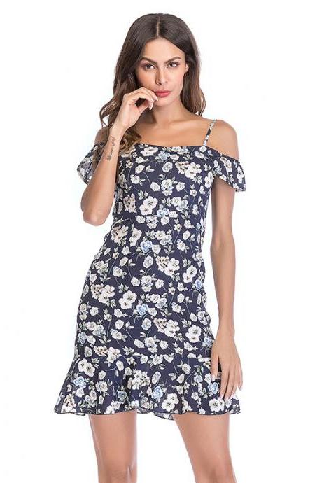 Women Floral Print Dress Summer Ruffle Off Shoulder Spaghetti Strap Casual Mini Beach Dress navy blue