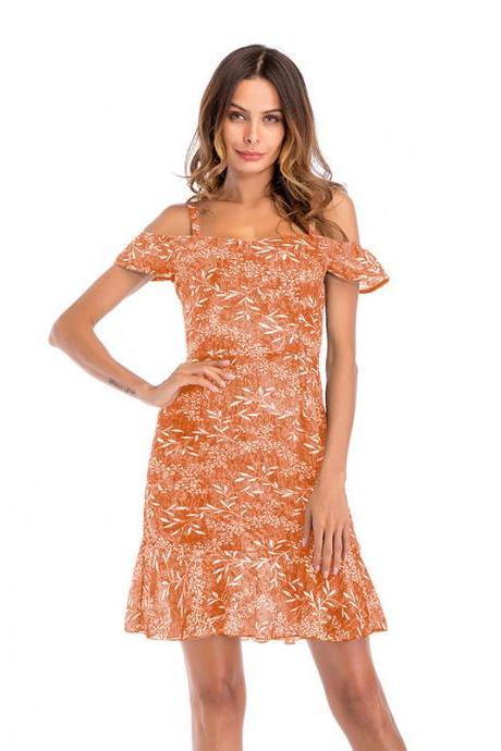 Women Floral Print Dress Summer Ruffle Off Shoulder Spaghetti Strap Casual Mini Beach Dress orange