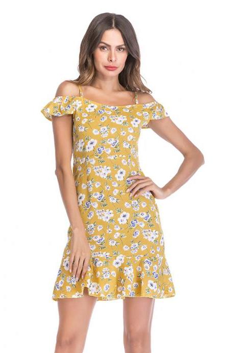 Women Floral Print Dress Summer Ruffle Off Shoulder Spaghetti Strap Casual Mini Beach Dress yellow