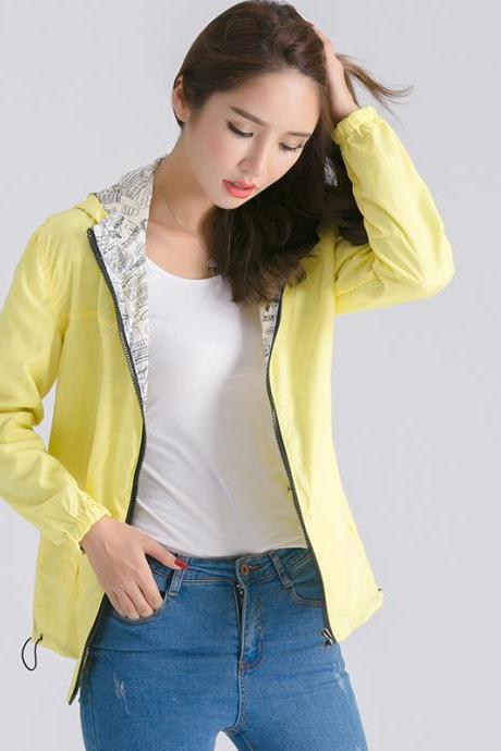 Women Bomber Basic Jacket Spring Fall Pocket Zipper Hooded Two Side Wear Cartoon Print Outwear Loose Coat yellow