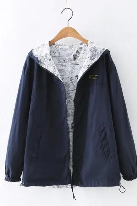 Women Bomber Basic Jacket Spring Fall Pocket Zipper Hooded Two Side Wear Cartoon Print Outwear Loose Coat navy blue 