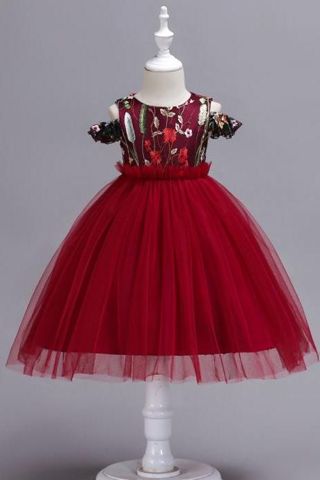  Embroidery Flower Girl Dress Off the Shoulder Wedding Birthday Party Gown Kids Clothes crimson
