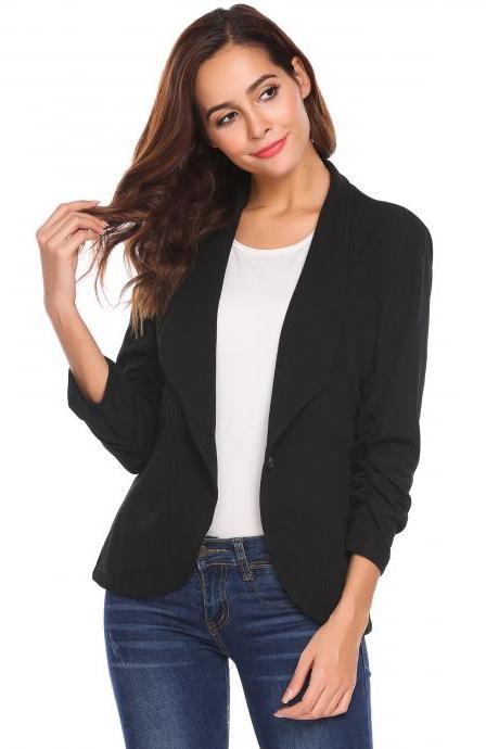 Women Slim Suit Coat 3/4 Sleeve One Button Casual Office Business Blazer Jacket Outwear black