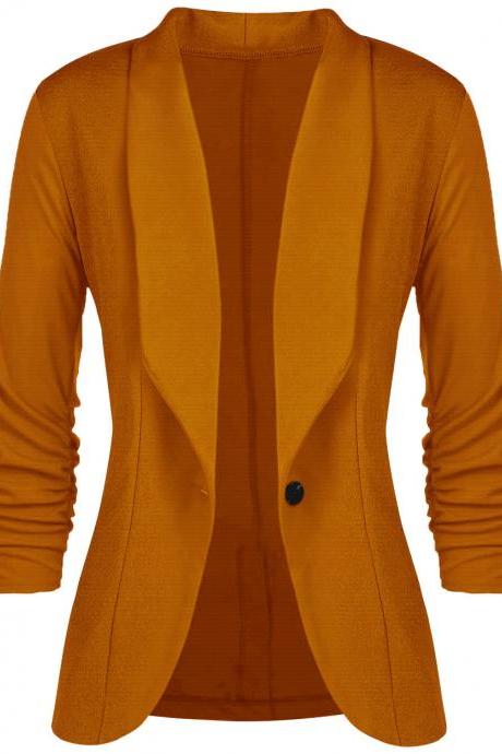 Women Slim Suit Coat 3/4 Sleeve One Button Casual Office Business Blazer Jacket Outwear earthy yellow