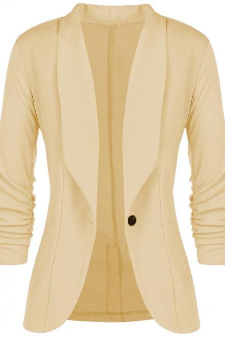 Women Slim Suit Coat 3/4 Sleeve One Button Casual Office Business Blazer Jacket Outwear pale yellow