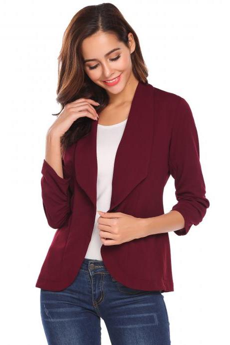 Women Slim Suit Coat 3/4 Sleeve One Button Casual Office Business Blazer Jacket Outwear wine red