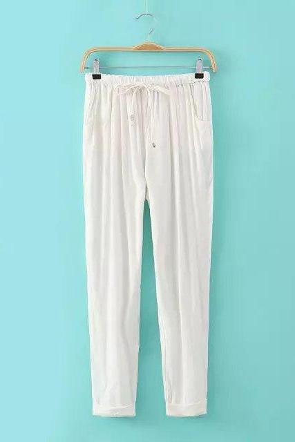  Women Casual Harem Pants Drawstring Elastic Waist Ankle Length Slim Long Trousers Off white