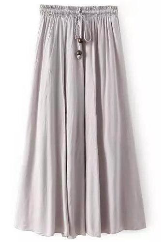 Women Maxi Skirt Summer Fashion Solid Casual Drawstring Elastic Waist Long Pleated Skirt Silver
