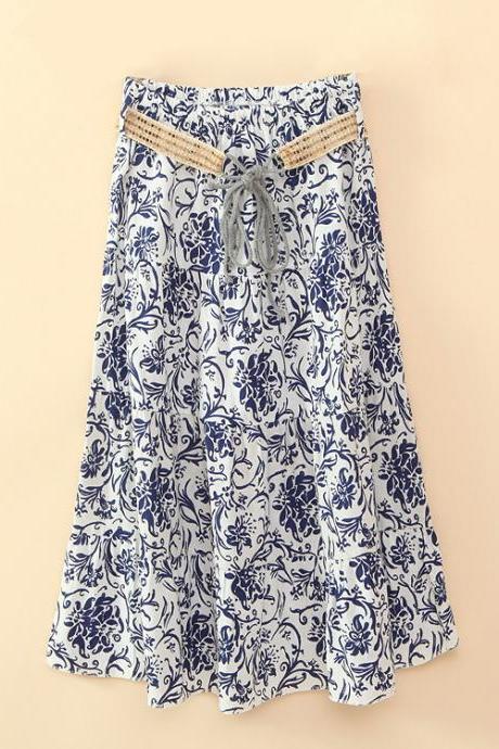 Bohemian Women Midi Skirt Summer Beach Floral Print Belted High Waist Boho Skirt 2#