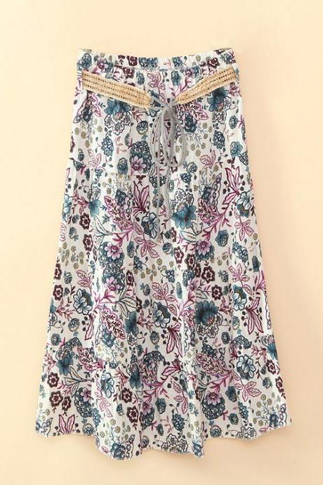 Bohemian Women Midi Skirt Summer Beach Floral Print Belted High Waist Boho Skirt 12#