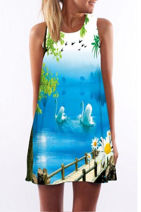 Women Casual Floral Printed Dress Sleeveless Boho Summer Beach Mini Sundress 19#