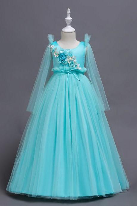 Princess Long Flower Girl Dress Teens Wedding Birthday Ceremony Party Gowns Children Clothes light blue