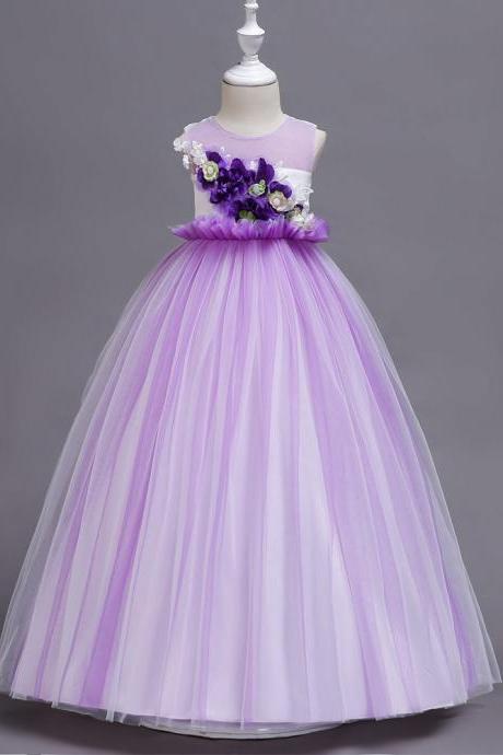 Princess Long Flower Girl Dress Sleeveless Teens Wedding Ceremony Party Gowns Children Clothes purple