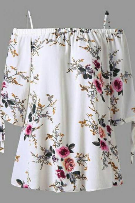  Women Off Shoulder Tops Short Sleeve Boho Summer Casual Loose Plus Size Floral Print T Shirt off white