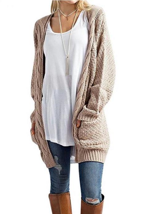 Women Long Knitted Cardigan Long Sleeve Pockets Sweater Autumn Loose Open Stitch Coat khaki