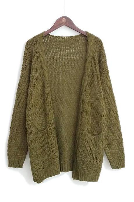Women Long Knitted Cardigan Long Sleeve Pockets Sweater Autumn Loose Open Stitch Coat army green