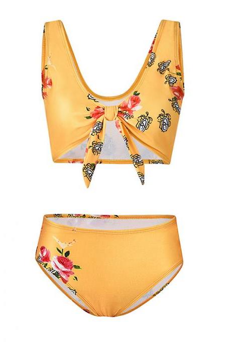 Women Floral Printed Bikini Set Summer Beach High Waisted Bow Swimsuit Swimwear Bathing Suit 7925-1