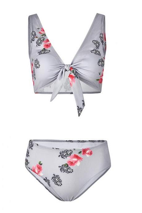 Women Floral Printed Bikini Set Summer Beach High Waisted Bow Swimsuit Swimwear Bathing Suit 7925-2