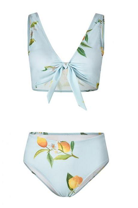 Women Floral Printed Bikini Set Summer Beach High Waisted Bow Swimsuit Swimwear Bathing Suit 7925-8
