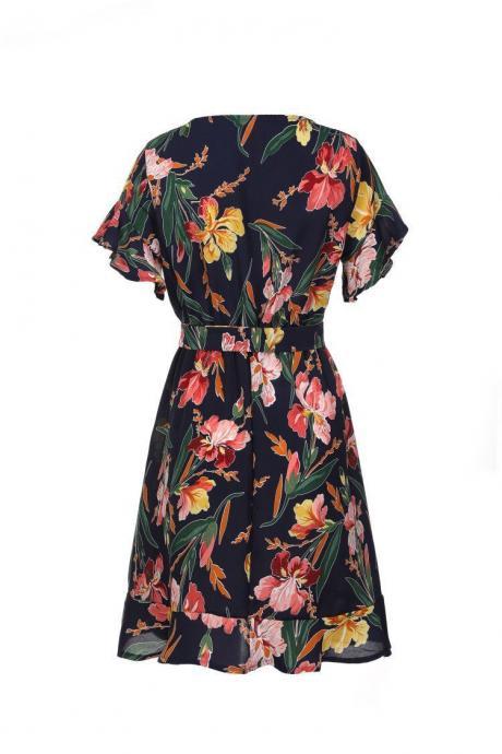Women Floral Printed Casual Dress Summer Beach V Neck Short Sleeve Belted Boho Mini Dress navy blue