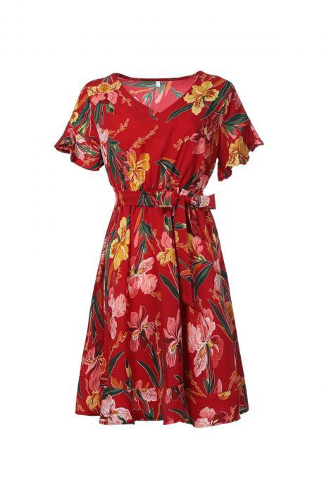 Women Floral Printed Casual Dress Summer Beach V Neck Short Sleeve Belted Boho Mini Dress red