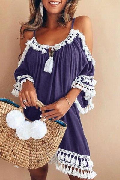 Boho Dress Spaghetti Strap 3/4 Sleeve Plus Size Summer Beach Loose Casual Tassel Women Mini Dress Purple