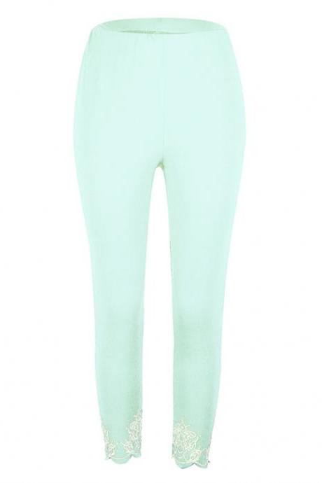 Women Leggings Floral Lace Hollow Out Slim Skinny Casual Plus Size Pencil Pants Pale Green