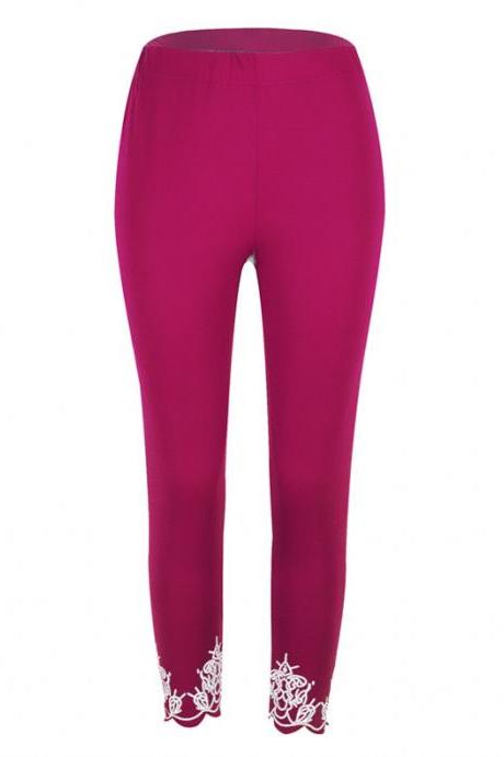 Women Leggings Floral Lace Hollow Out Slim Skinny Casual Plus Size Pencil Pants Plum
