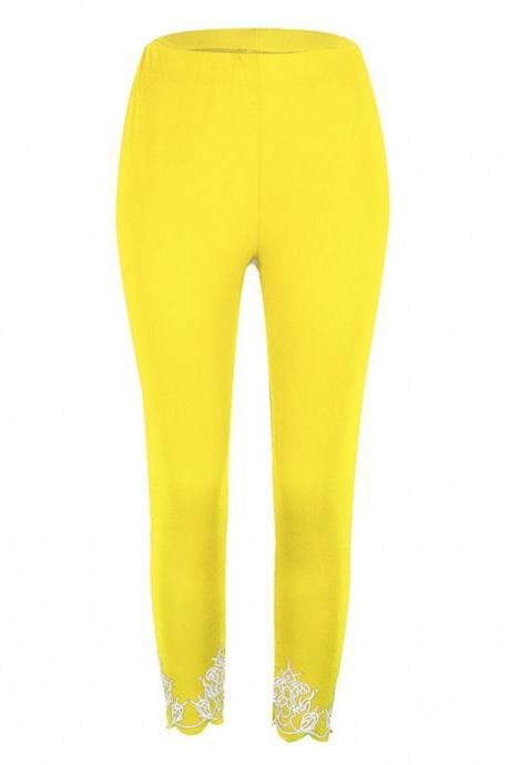 Women Leggings Floral Lace Hollow Out Slim Skinny Casual Plus Size Pencil Pants Yellow