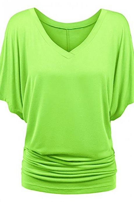 Women T Shirt V Neck Batwing Half Sleeve Oversized Summer Casual Loose Plus Size Tops Lime Green