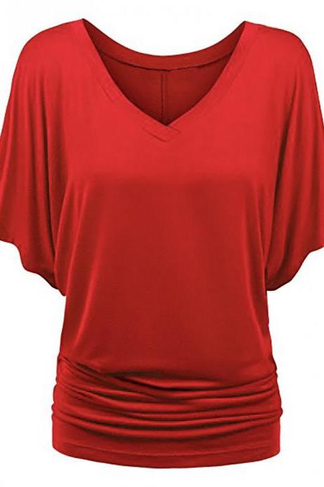 Women T Shirt V Neck Batwing Half Sleeve Oversized Summer Casual Loose Plus Size Tops red
