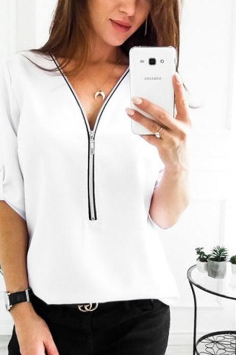 Women Blouses V Neck Zipper Long Sleeve Solid Summer Casual Loose Tops Shirt off white