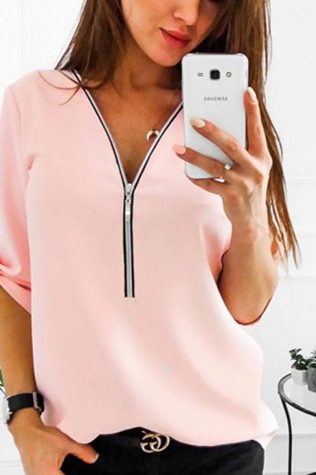 Women Blouses V Neck Zipper Long Sleeve Solid Summer Casual Loose Tops Shirt pink