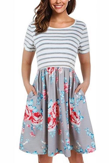 Women Floral Printed Casual Dress Short Sleeve Striped Patchwork Pocket Summer Beach Boho Dress gray