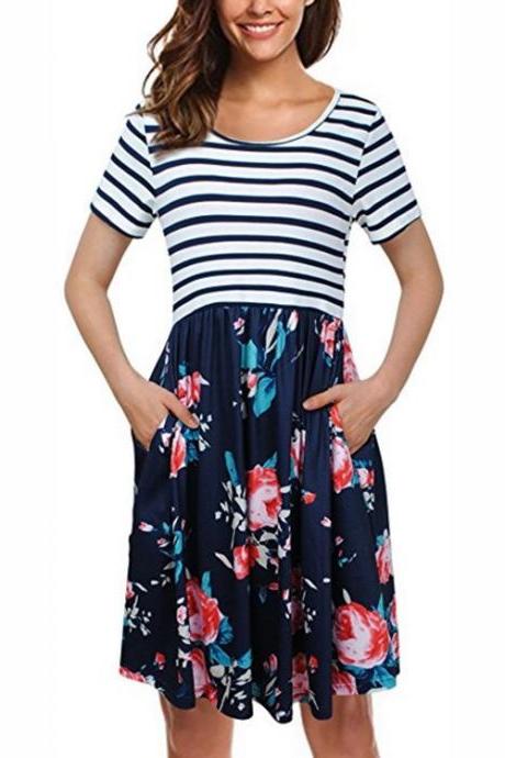 Women Floral Printed Casual Dress Short Sleeve Striped Patchwork Pocket Summer Beach Boho Dress navy blue