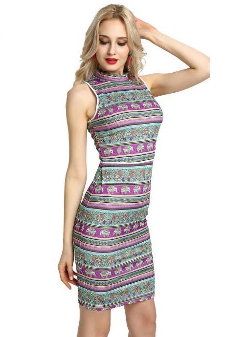 Women Pencil Dress Open Back High Neck Sleeveless Casual Bodycon Short Club Party Dress purple