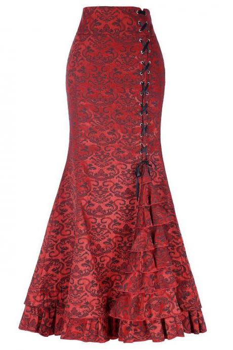 Gothic Mermaid Skirt Sexy Lace-Up Floor-Length Women Maxi Skirt Vintage Fishtail Long Steampunk Skirt red