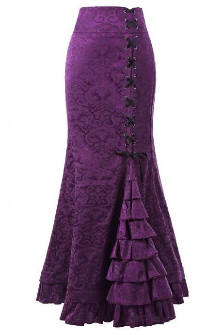 Gothic Mermaid Skirt Sexy Lace-Up Floor-Length Women Maxi Skirt Vintage Fishtail Long Steampunk Skirt purple
