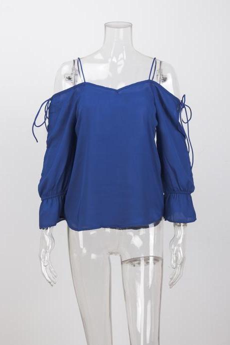 Women Chiffon Blouses Off Shoulder Long Sleeve Lace up Summer Casual Loose Tops Shirts royal blue
