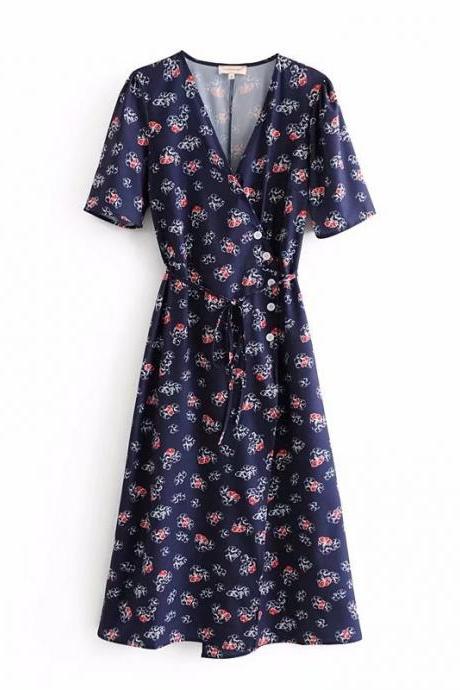 Boho Floral Printed Wrap Dress Button V Neck Short Sleeve Summer Beach Casual Dress Navy Blue Floral