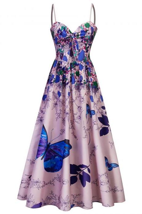Women Butterfly Floral Printed Long Dress Spaghetti Strap Summer Beach Tea Length Boho A Line Sundress Blue
