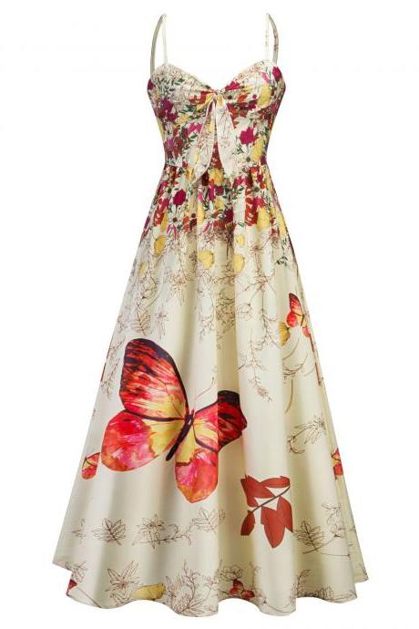 Women Butterfly Floral Printed Long Dress Spaghetti Strap Summer Beach Tea Length Boho A Line Sundress yellow
