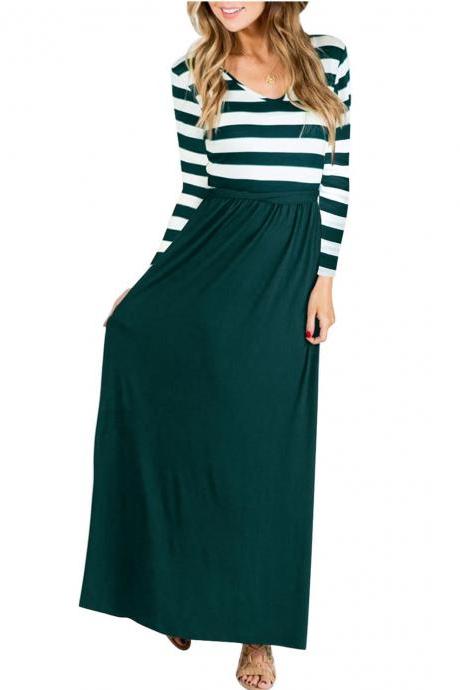 Women Maix Dress Boho Long Sleeve Striped Patchwork Belted Pocket Casual Long Beach Dress hunter green 