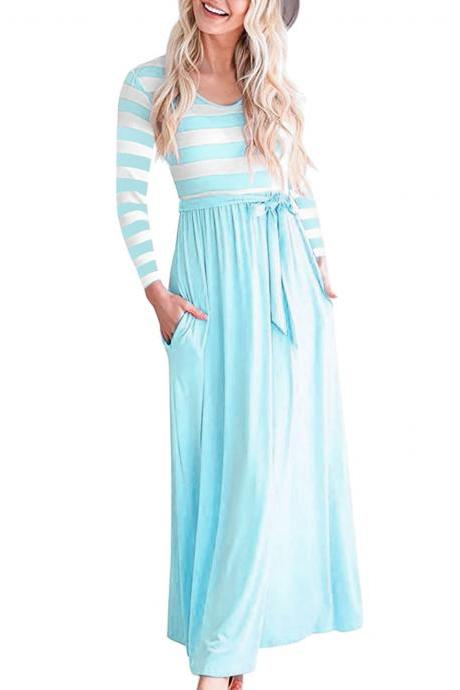 Women Maix Dress Boho Long Sleeve Striped Patchwork Belted Pocket Casual Long Beach Dress light blue
