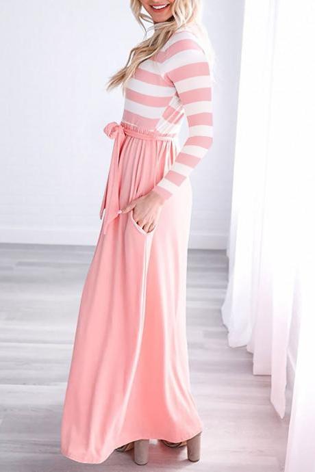 Women Maix Dress Boho Long Sleeve Striped Patchwork Belted Pocket Casual Long Beach Dress pink