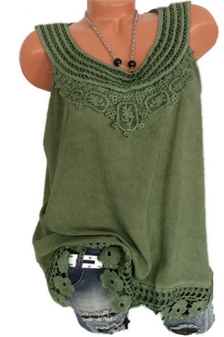  Women Tank Tops Lace Patchwork Vest Summer Casual Loose Sleeveless T Shirt army green