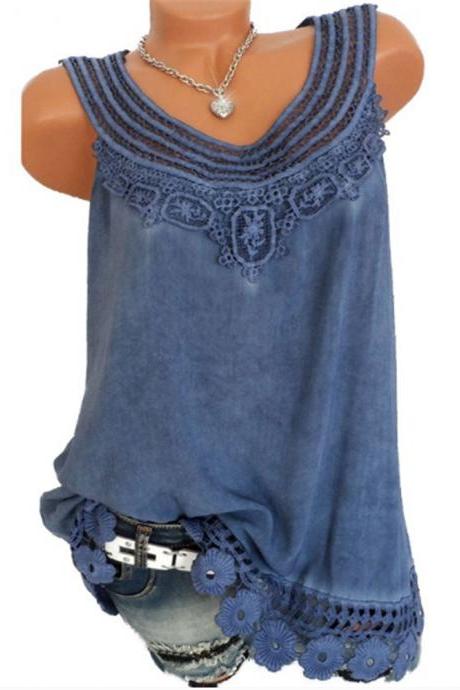  Women Tank Tops Lace Patchwork Vest Summer Casual Loose Sleeveless T Shirt dark blue