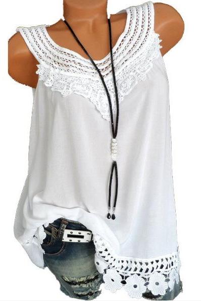  Women Tank Tops Lace Patchwork Vest Summer Casual Loose Sleeveless T Shirt off white