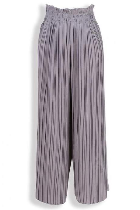 Women Wide Leg Pants High Waist Solid Summer Casual Loose Pleated Trousers Gray